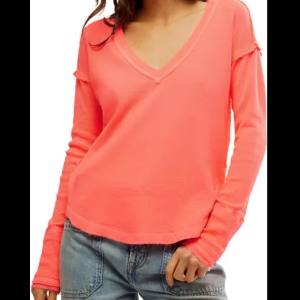 NWT We The Free Sail Away V Neck Cotton Thermal Fluorescent Coral